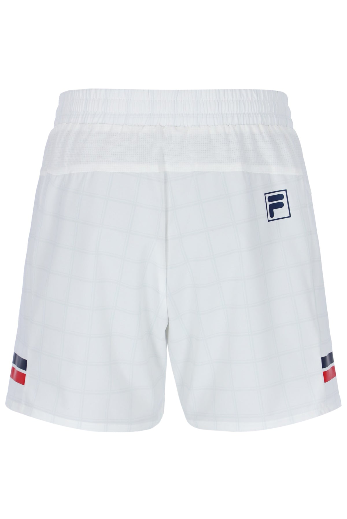 Displays the Pattern White 'FILA' branded Men’s 5" Tennis Shorts