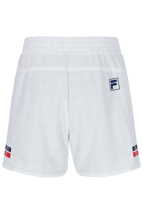 Displays the Pattern White 'FILA' branded Men’s 5" Tennis Shorts