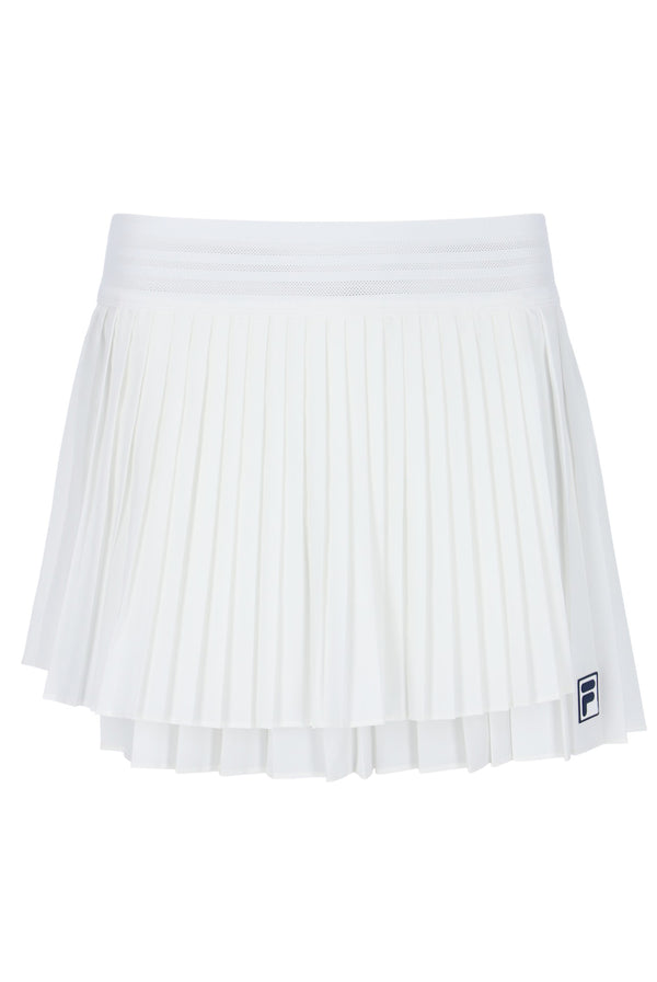 Displays the 'FILA' branded Off White Women’s Pleated Wrap Tennis Skirt