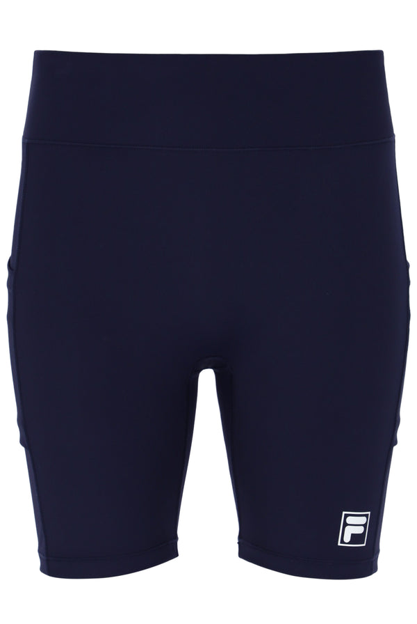 Displays the Dark Navy 'FILA' branded Women’s Tennis Bike Shorts