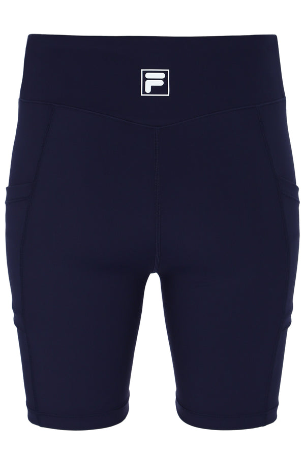 Displays the Dark Navy 'FILA' branded Women’s Tennis Bike Shorts