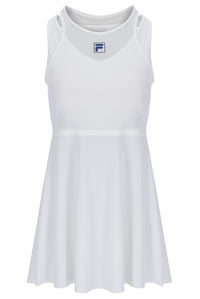Displays the Off White 'FILA' branded Women’s Mesh Jersey Dress with Inner Shorts
