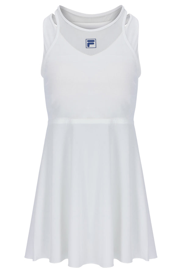 Displays the Off White 'FILA' branded Women’s Mesh Jersey Dress with Inner Shorts