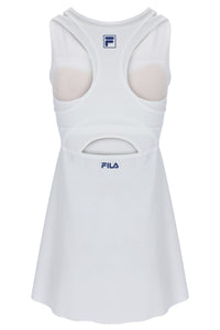 Displays the Off White 'FILA' branded Women’s Mesh Jersey Dress with Inner Shorts