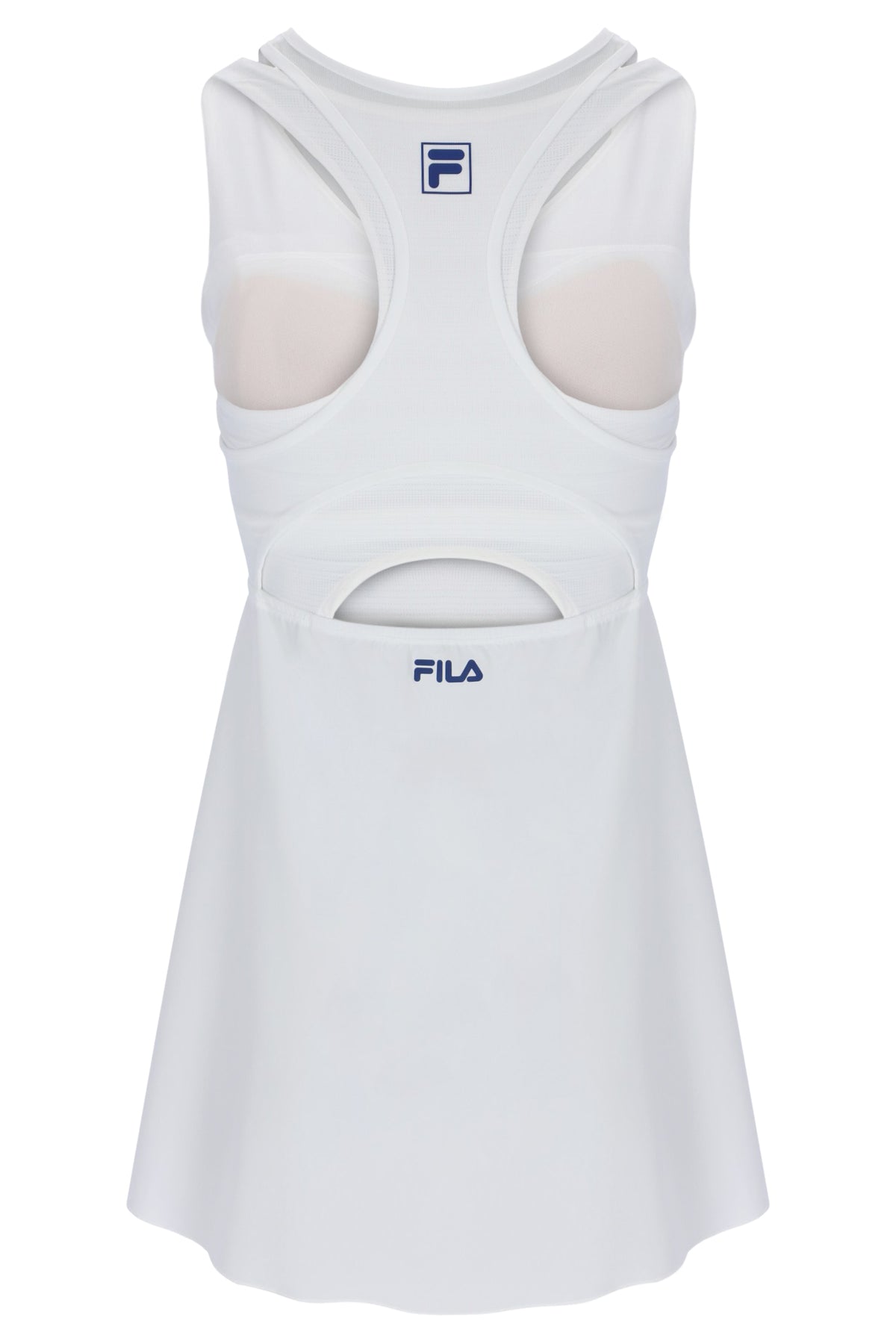 Displays the Off White 'FILA' branded Women’s Mesh Jersey Dress with Inner Shorts