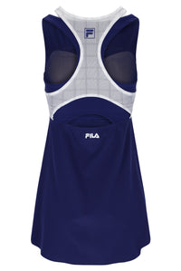 Displays the Navy 'FILA' branded Women’s Mesh Jersey Dress with Inner Shorts