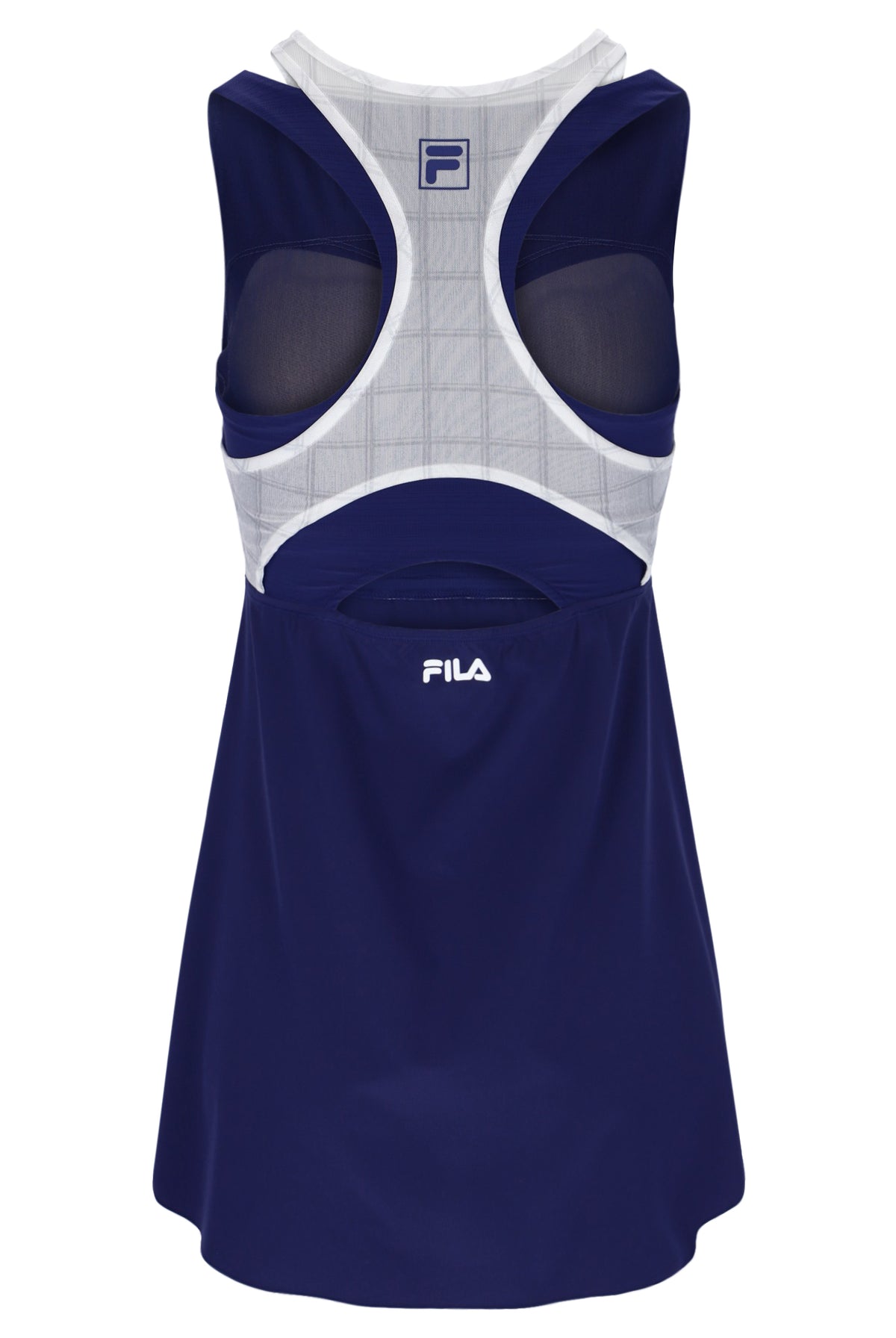 Displays the Navy 'FILA' branded Women’s Mesh Jersey Dress with Inner Shorts