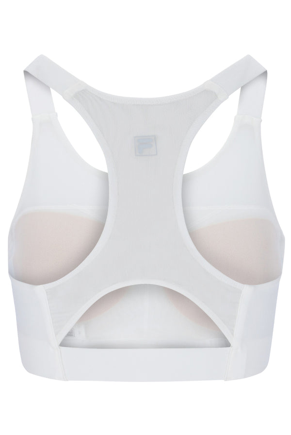 Displays the Off White 'FILA' branded Women’s Tennis Core Bra