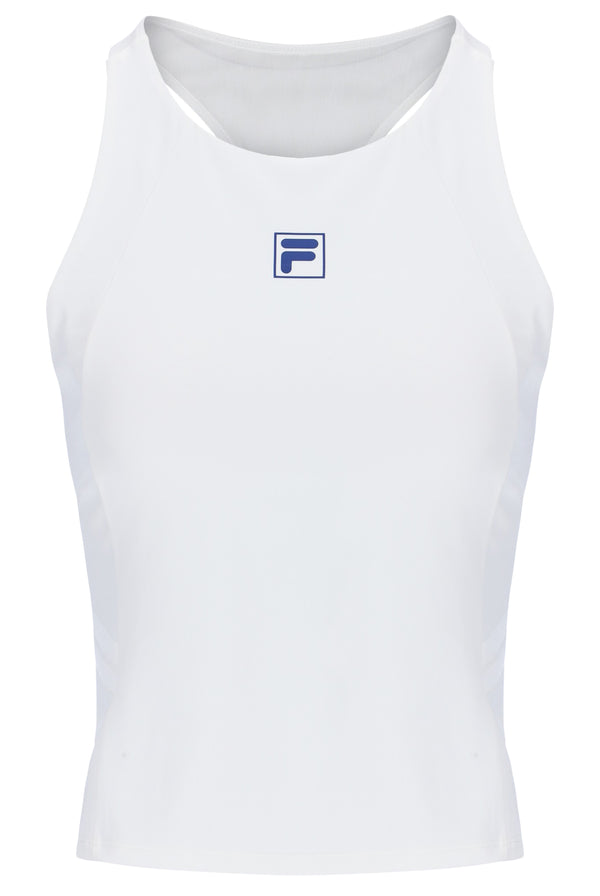 Displays the Off White 'FILA' Women’s Tennis Tank Top