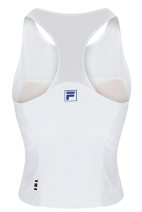 Displays the Off White 'FILA' Women’s Tennis Tank Top