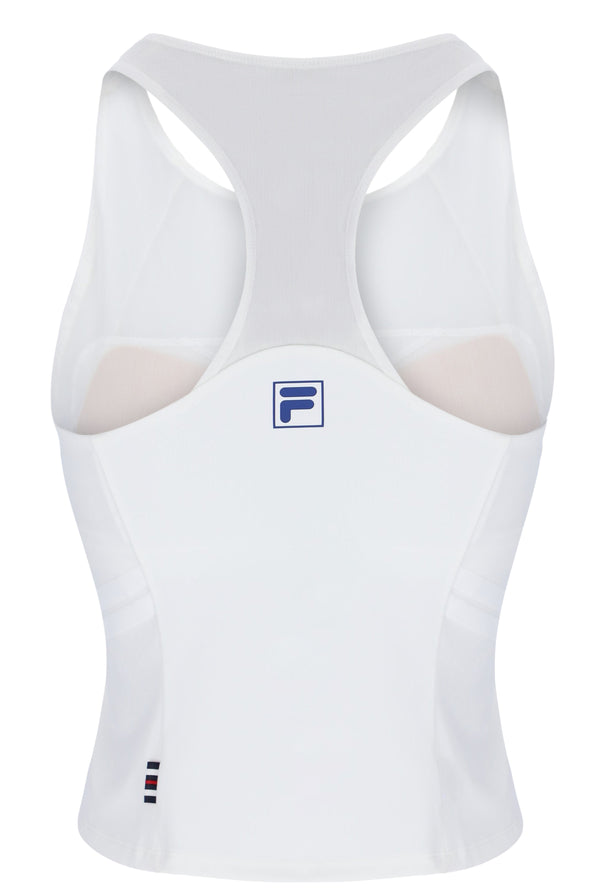 Displays the Off White 'FILA' Women’s Tennis Tank Top