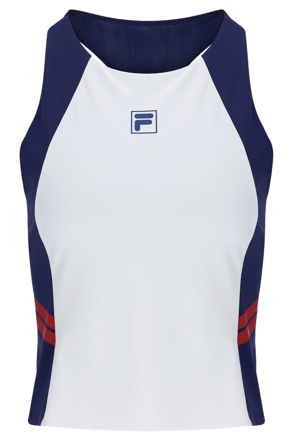 Displays the Navy 'FILA' branded Women’s Tennis Tank Top