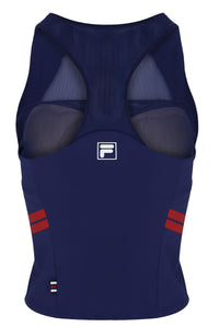 Displays the Navy 'FILA' branded Women’s Tennis Tank Top