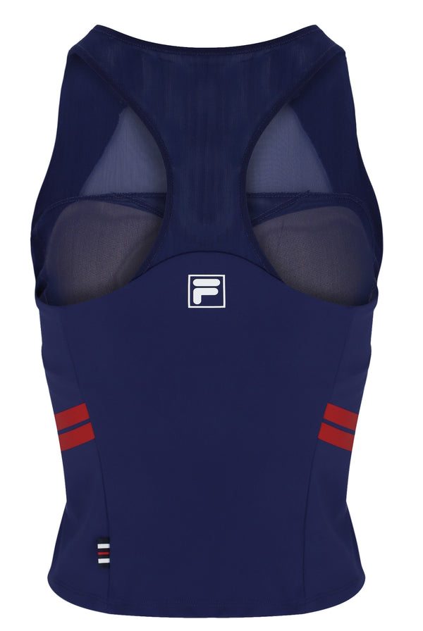 Displays the Navy 'FILA' branded Women’s Tennis Tank Top