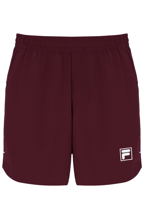 Displays the Wine 'FILA' branded Men’s 7" Tennis Shorts