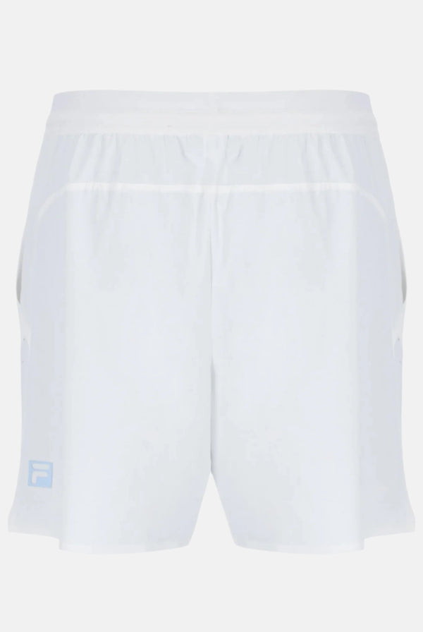 Displays the White 'FILA' branded Cross Court 7” Short