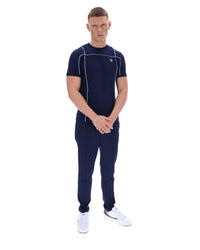 Displays a model wearing the Navy 'Fila' Terri T-Shirt with Contrast Piping