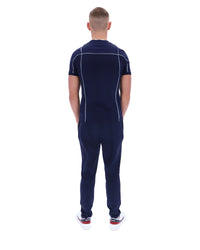 Displays a model wearing the Navy 'Fila' Terri T-Shirt with Contrast Piping