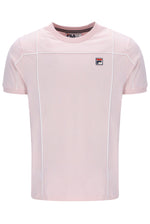 Pink t-shirt with a small FILA logo on a white background