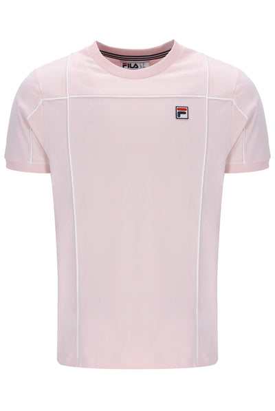 Pink t-shirt with a small FILA logo on a white background