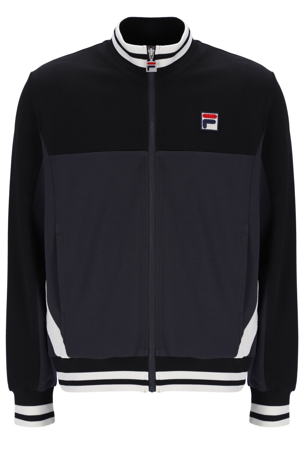 Black track jacket with a brand logo on a white background