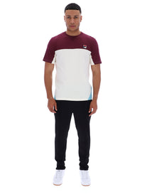 Displays a model wearing Fig Tiebreaker 'FILA' branded Colour Block T-Shirt