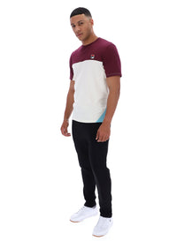 Displays a model wearing Fig Tiebreaker 'FILA' branded Colour Block T-Shirt