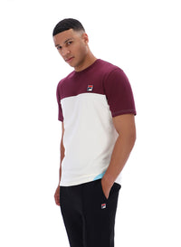 Displays a model wearing Fig Tiebreaker 'FILA' branded Colour Block T-Shirt