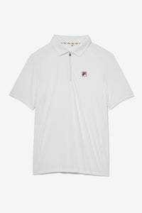 White short sleeve tennis polo with a collar, a zip-up shirt, and a FILA logo on the chest.