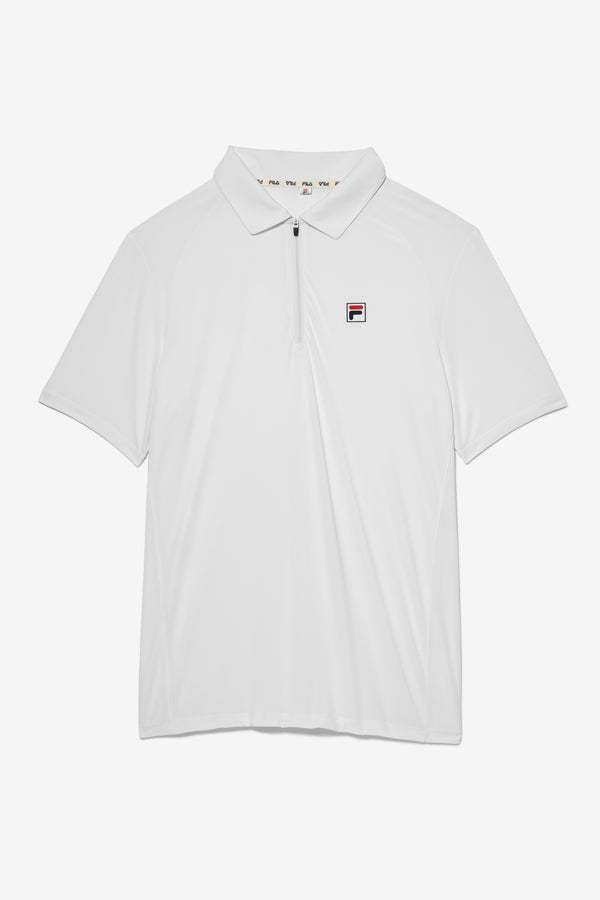 White short sleeve tennis polo with a collar, a zip-up shirt, and a FILA logo on the chest.