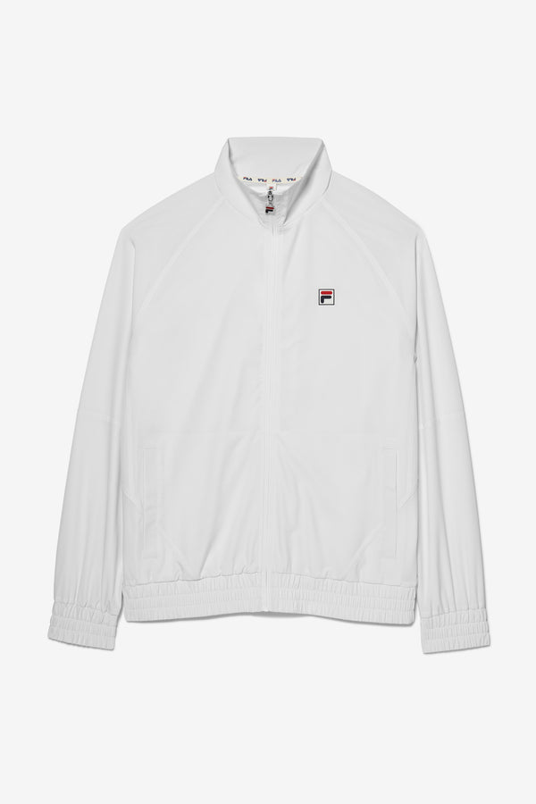 A white FILA tennis court track jacket with a zipper, collar and a small FILA logo on the chest.
