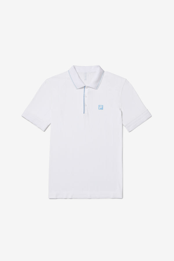Displays the White 'FILA' branded Center Court Seamless Polo