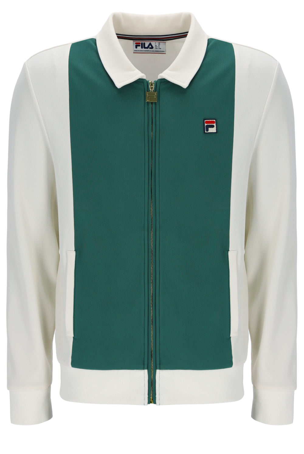 Green and white jacket with Fila logo on a white background