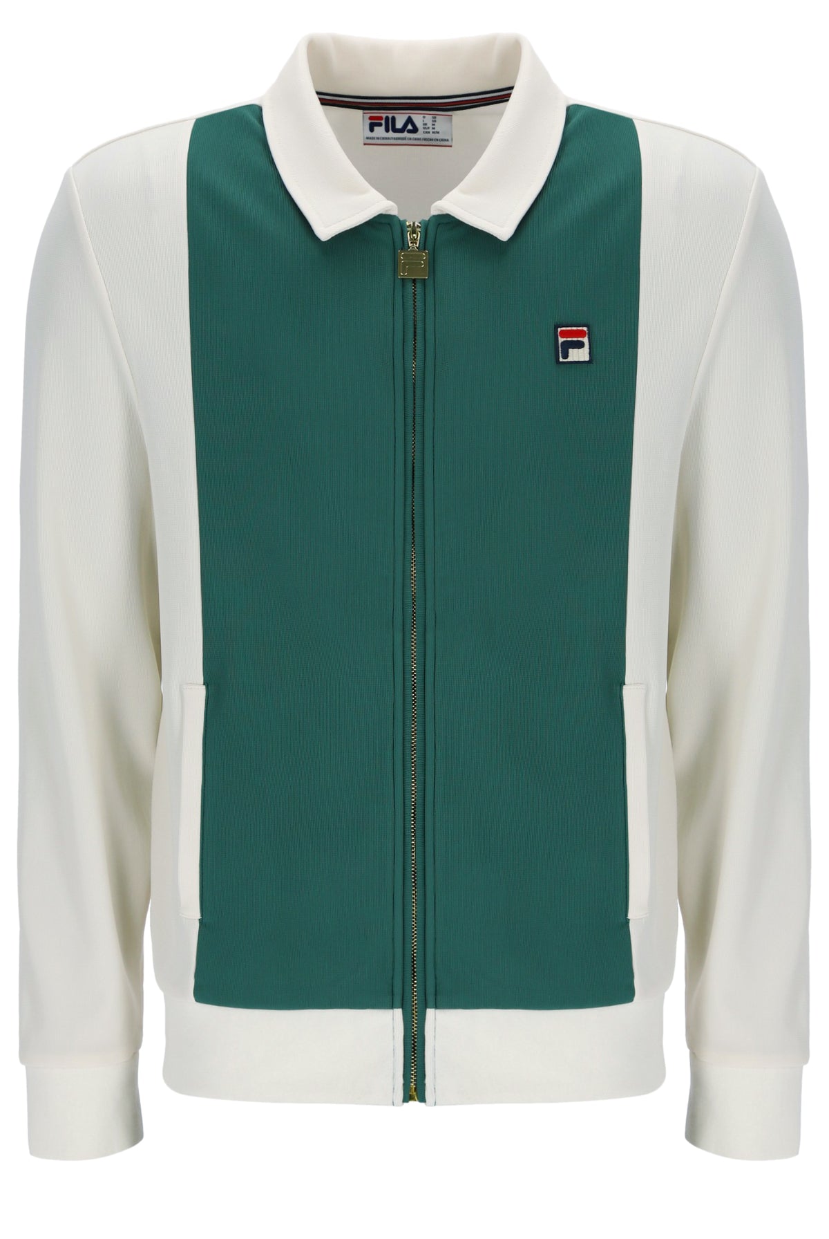 Green and white jacket with Fila logo on a white background