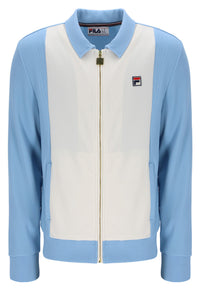 Light blue and white jacket with a visible brand logo on a white background