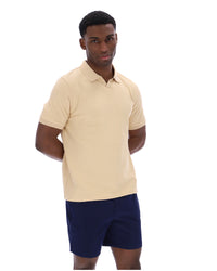 Man wearing a beige polo shirt and navy shorts on a white background