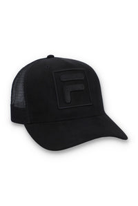 Displays a Black 'FILA' branded Turo Large F-Box Tonal Embroidered Suede Mesh-Back Cap