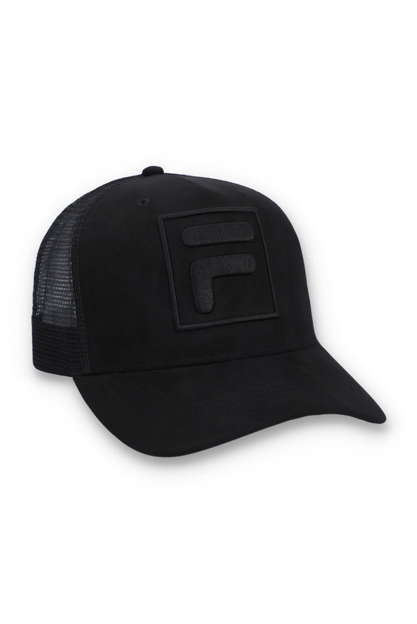Displays a Black 'FILA' branded Turo Large F-Box Tonal Embroidered Suede Mesh-Back Cap