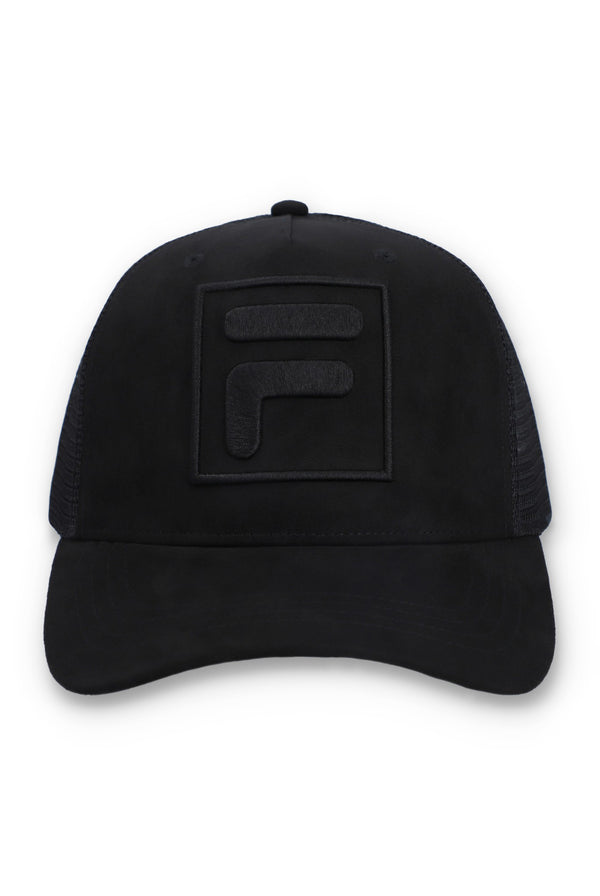 Displays a Black 'FILA' branded Turo Large F-Box Tonal Embroidered Suede Mesh-Back Cap