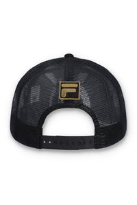 Displays a Black 'FILA' branded Turo Large F-Box Tonal Embroidered Suede Mesh-Back Cap