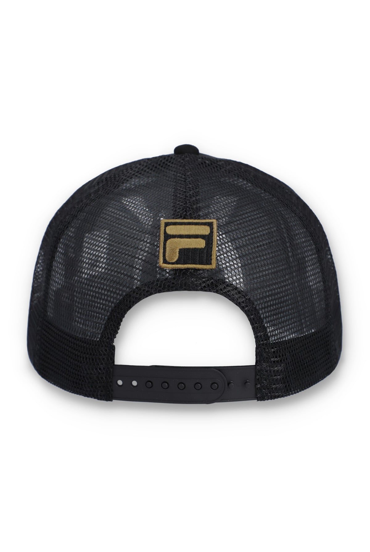 Displays a Black 'FILA' branded Turo Large F-Box Tonal Embroidered Suede Mesh-Back Cap