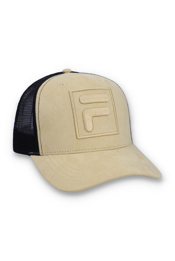 Displays the Classic Beige 'FILA' branded  Turo Large F-Box Tonal Embroidered Suede Mesh-Back Cap