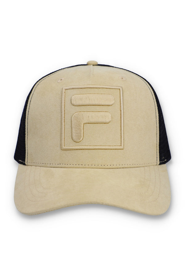 Displays the Classic Beige 'FILA' branded  Turo Large F-Box Tonal Embroidered Suede Mesh-Back Cap