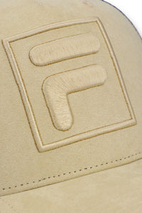 Displays the Classic Beige 'FILA' branded  Turo Large F-Box Tonal Embroidered Suede Mesh-Back Cap featuring the FILA logo branding 