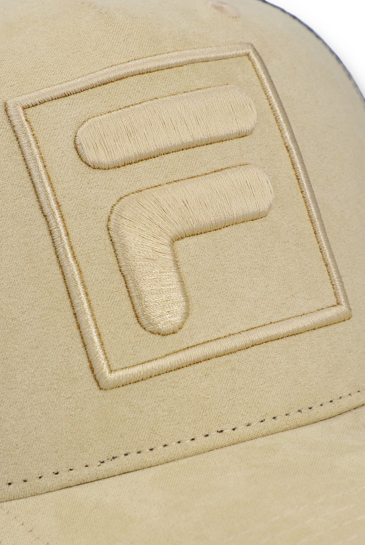 Displays the Classic Beige 'FILA' branded  Turo Large F-Box Tonal Embroidered Suede Mesh-Back Cap featuring the FILA logo branding 