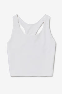Displays the White 'FILA' branded Cross Court Long Line Bra Top