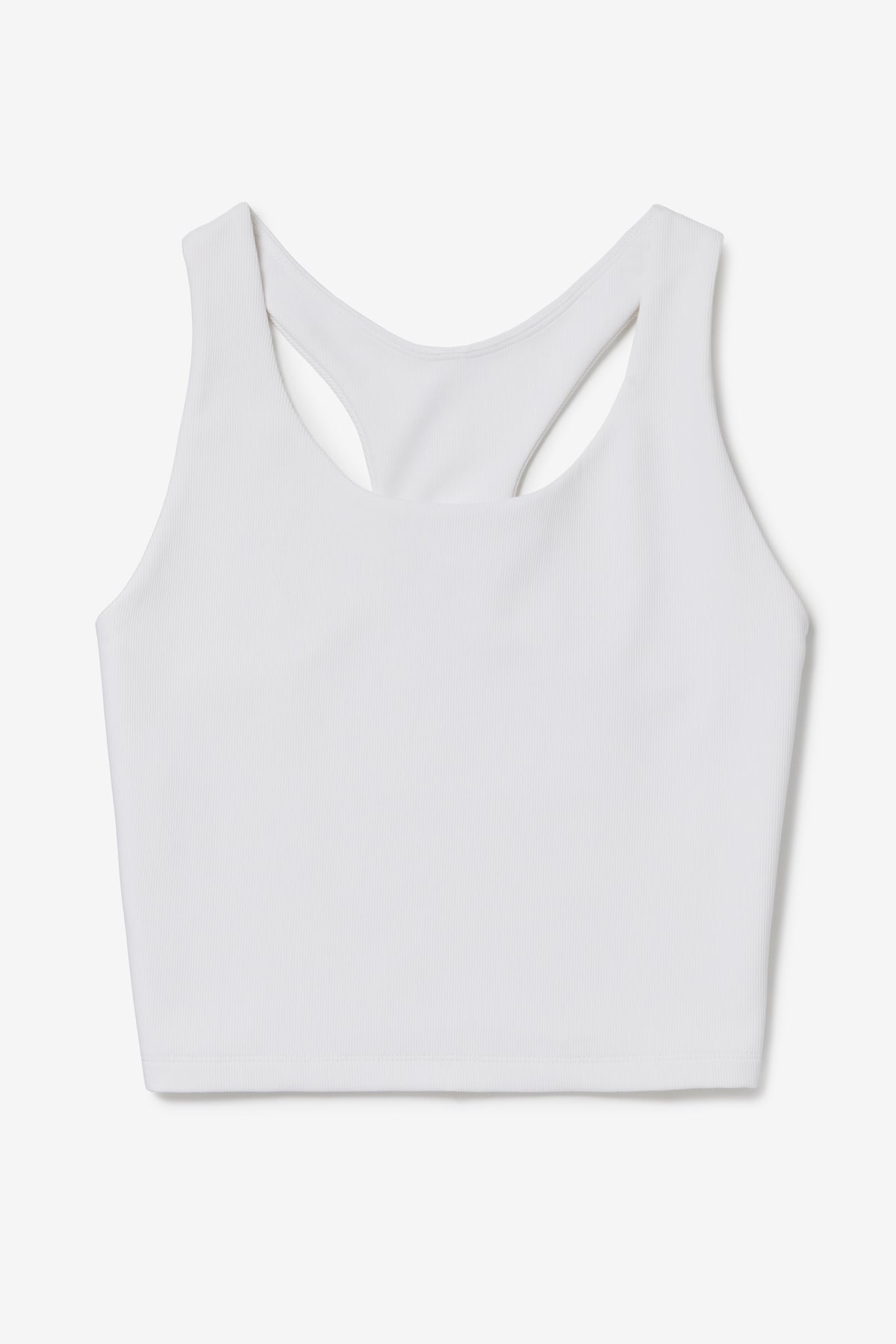 Displays the White 'FILA' branded Cross Court Long Line Bra Top