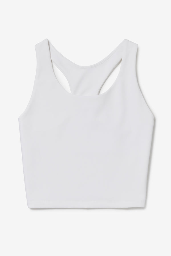 Displays the White 'FILA' branded Cross Court Long Line Bra Top