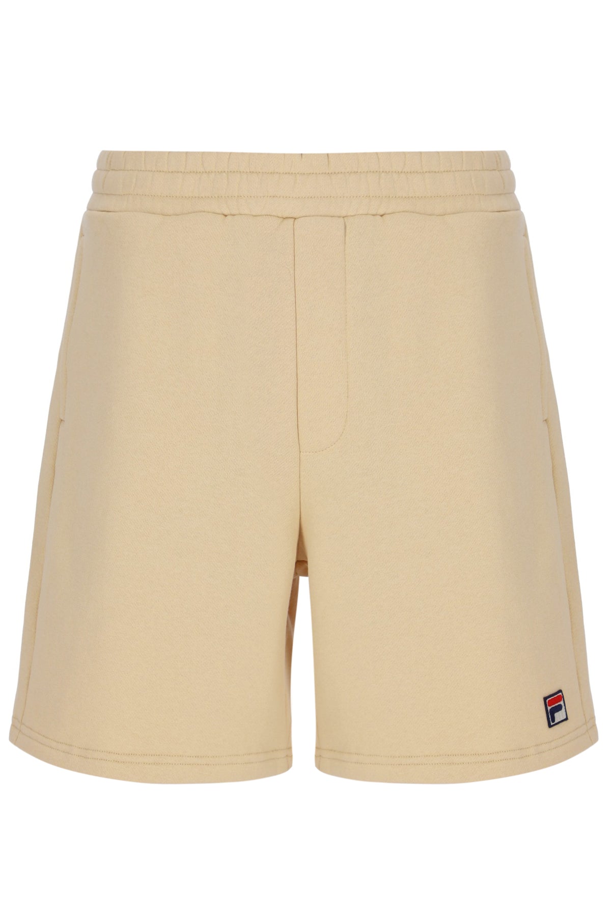 Beige shorts with a small logo on a white background