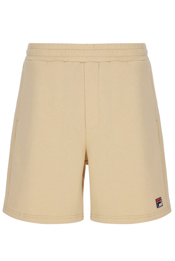 Beige shorts with a small logo on a white background